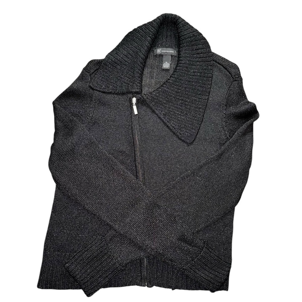 INC Black Metallic Zip Sweater Jacket Wing Collar Women’s XL